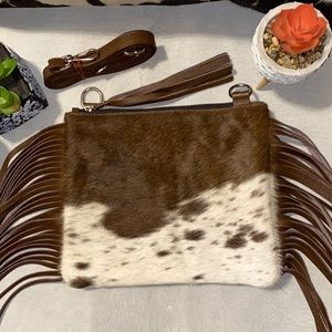 New Handmade Real Cowhide Leather Crossbody Handbag Purse Hair On With Fringes